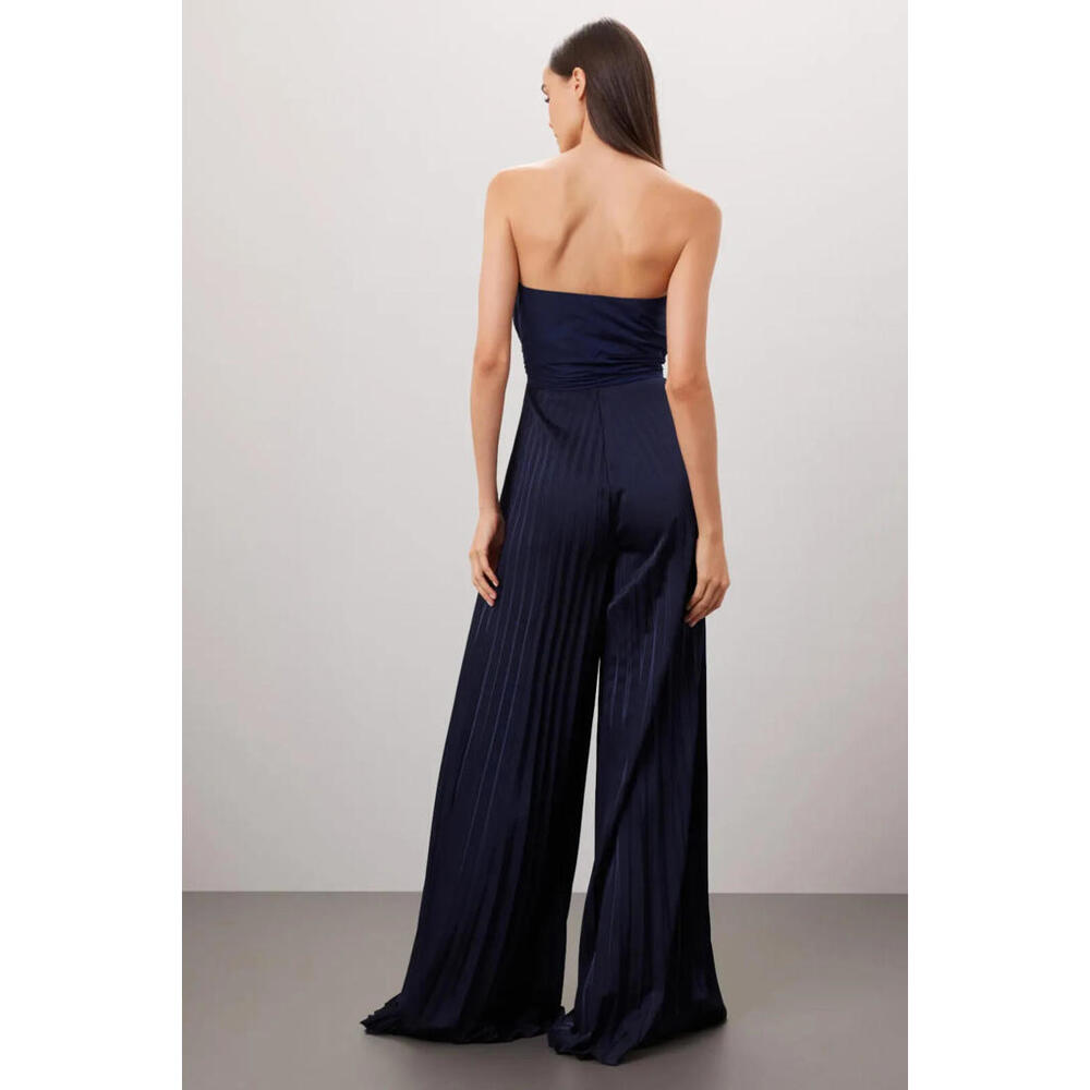 One33 Social Badgley Mischka  Wide-Leg Pleated Jumpsuit $750 Navy sz 6 Satin - Picture 3 of 6